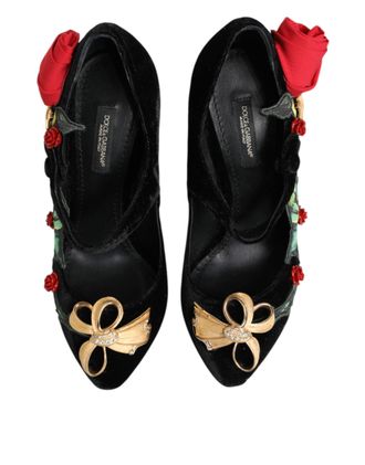 Dolce & Gabbana Womens Black Roses Crystal Brooch Mary Jane Shoes Rayon Silk