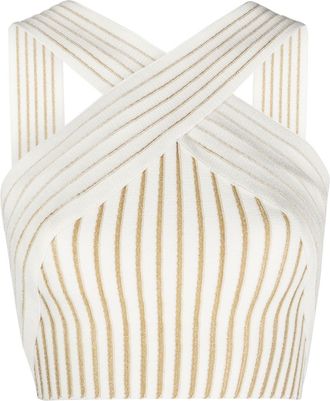Balmain cross-over knitted crop top - women - Polyester/Viscose - 40 - Neutrals