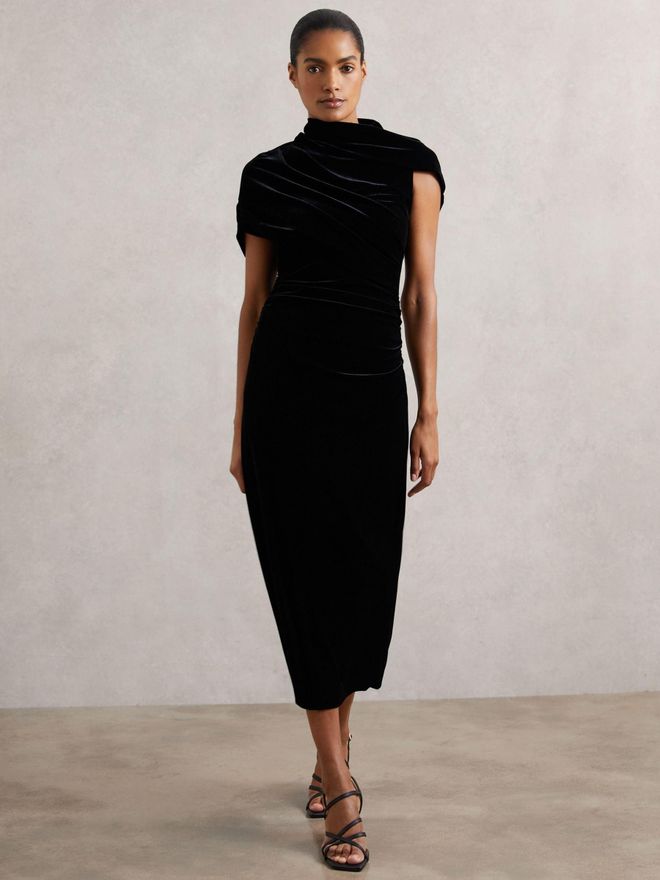 black bodycon dress off the shoulder Alyn Off Shoulder Draped Mini Dress - Black