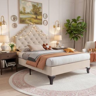 Merax 3FT Single Velvet Upholstered Bed Frame with Adjustable Headboard in Beige