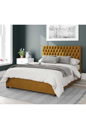 Aspire Home Accents Nightingale Upholstered Ottoman Storage Bed, Plush Velvet Fabric in Mustard | Size: Small Double