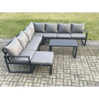 Fimous Fimous Aluminium Patio Outdoor Garden Furniture Lounge Corner Sofa Set with Oblong Coffee Table Big Footstool Dark Grey