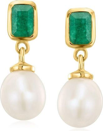 Ross-Simons Emerald and 8.5-9mm Cultured Pearl Drop Earrings in 18kt Gold Over Sterling