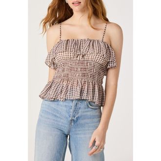 ASTR the Label Carmelitha Ditsy Floral Gingham Ruffle Trim Peplum Top in Brown Gingham at Nordstrom, Size X-Small