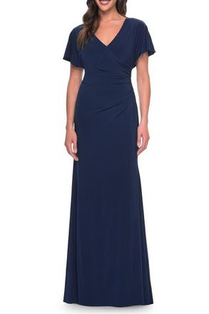 La Femme Chic Jersey Dress with V Neck and Loose Sleeves in Navy at Nordstrom, Size 20