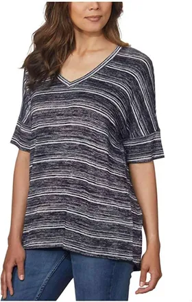 Calvin Klein V Neck Striped Knit Top In Peacoat Marle