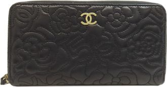 Chanel Camellia Black Leather Long Wallet (Bi-Fold) (Pre-Owned)
