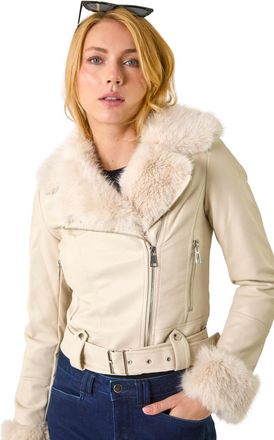 DUSK Womens Faux Fur PU Biker Jacket - Stone - Size 10 UK