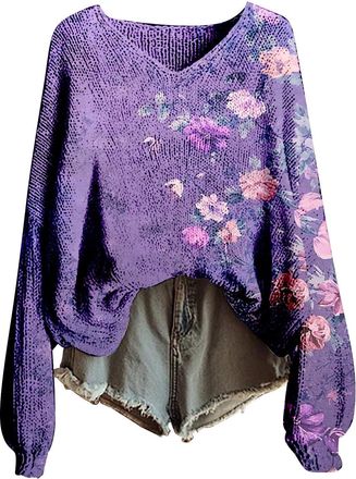 Generic Ladies Retro V Neck Oversized Jumpers Ladies Flowers Printing Long Sleeve Tops Jumpers Casual Lightweight Soft for Women UK Womens Loose Fit Sweatshir