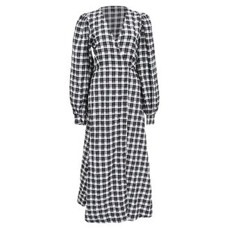 Ganni Ganni Seersucker Check Wrap Midi Dress in Black Cotton