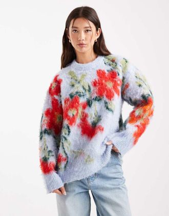 Asos Maglione girocollo oversize blu con motivo a fiori sfocati