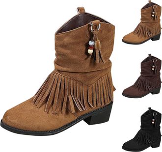 Generic Tassel Cowboy Boots for Women Winter Mid Calf Boots Ladies Chunky Low Heel Fringe Cowgirl Boot Slouchy Pointed Toe Comfortable Shoes Vintage Anti-Slip