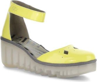 FLY London Boij Ankle Strap Platform Wedge Pump in Lemon at Nordstrom, Size 10-10.5Us