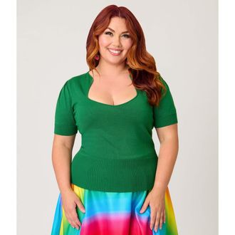 Unique Vintage Plus Size 1950s Short Sleeve Sweater in Green Solid at Nordstrom, Size 2X