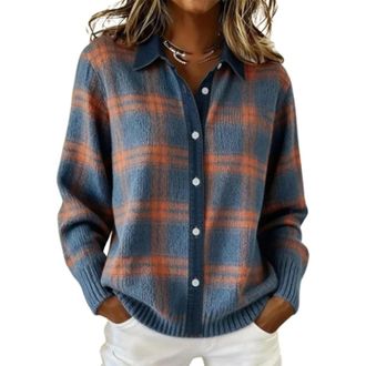 Generic Women Plaid Sweater, Long Sleeve Cardigan for Women Retro Plaid Print Casual Sweaters Knit Cardigan, Button Down Sweater. (a2,L)