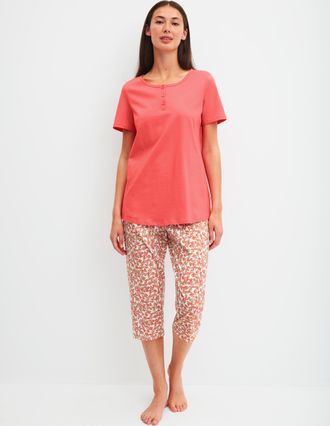 CALIDA Capri-Pyjama CALIDA Flower Nights, Damen, Gr. XS (36/38), rose of sharon, Single Jersey, Obermaterial: 100% Baumwolle, bequem 3/4-L&auml;nge, Rundhals, Hom