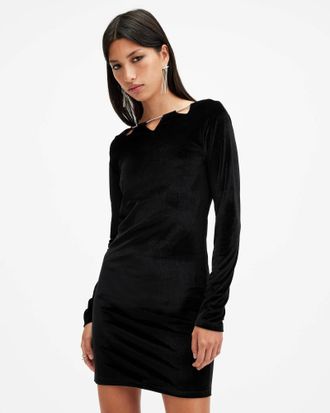 AllSaints Polyester Regina Velvet Sparkle Drawcord Mini Dress, Size: UK 16/US 12