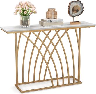 Costway Tavolo Consolle Dorato Da 120 Cm, Tavolo Da Ingresso Moderno Con Piano Effetto Marmo Bianco, Base Geometrica, Tavolo Lungo E Stretto Da Divano Per Sog