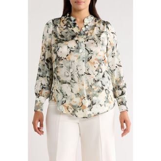 Anne Klein Pleated Split Neck Top in Soft Aloe Multi at Nordstrom, Size 0 X