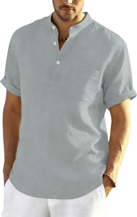 Generic Linen Shirts Men Short Sleeve Summer Beach Hawaiian Shirts With Pockets Fashion Grandad Collar Collarless Henley Tshirts Men Uk Button V Neck Cotton L