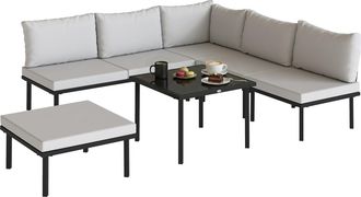 OUTSUNNY Conjunto De Muebles Jard&iacute;n Exterior 6 Piezas Con Sof&aacute; 2 Plazas M&oacute;dulo De Esquina 2 Sillones Reposapi&eacute;s Mesa De Vidrio Y Cojines Gris Claro