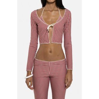 Jaded London Gingham Tie Front Picot Trim Crop Cardigan in Red at Nordstrom, Size 10