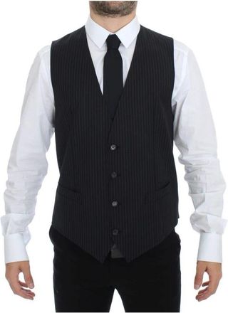 Dolce & Gabbana Elegante Grijze Gestreepte Jurk Vest - Heren - Gillet - Grijs - L - Wol - Kostuums