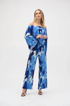 Joseph Ribkoff Pleated Novelty Tropical Print Off-Shoulder Top In Blue/white
