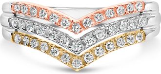 House of Brilliance 10K Gold Plated Sterling Silver 1/3 Cttw Tri-Color Chevron Diamond Stackable Ring
