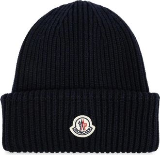 Moncler Ribbed Beanie - Dames - Hoeden - Blauw - ONE Size - Wol - Accessoires