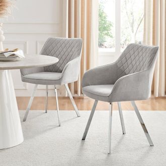 Furniturebox Set of 2 Falun Deep Padded Dining Chairs Upholstered in Soft & Durable Fabric With Silver Chrome Legs in Light Grey