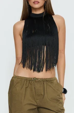 Princess Polly Zephyrine Fringe Halter Neck Bralette in Black at Nordstrom, Size 10