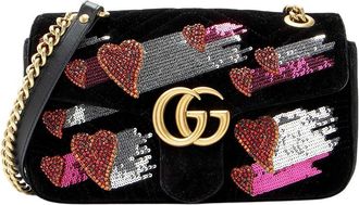 Gucci Black Velvet Embellished Hearts Gg Marmont Medium Flap Bag (Authentic Pre-Loved)