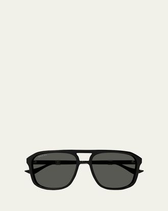Gucci Mens Double-Bridge Acetate Aviator Sunglasses