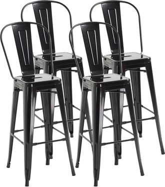 HOMCOM Homcom - Juego De 4 Taburetes Altos De Cocina De Metal Taburetes De Bar Con Respaldo Alto Y Reposapi&eacute;s Para Comedor Carga 120 Kg 44x46x116 Cm Negro