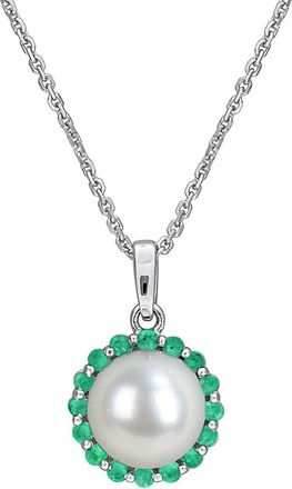 Rina Limor Silver 0.32 Ct. Tw. Lab-Grown Emerald & 8-8.5 Mm Pearl Halo Necklace