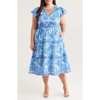 Chelsea28 Flutter Sleeve Clip Dot Tiered Midi Dress in Blue- Tiana Floral at Nordstrom Rack, Size 1X