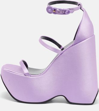 Versace Purple Satin Platform Wedge Ankle Strap Sandals
