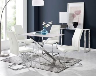 Furniturebox Leonardo White Glass Marble Effect Silver Leg Table & 4 Lorenzo Chairs