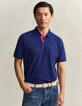 GANT Mens GANT Regular Fit Short Sleeve Contrast Pique Rugger - 433 Evening Blue - Navy - Size: Regular/36
