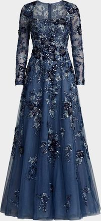 Mac Duggal Embroidered Beaded Mesh Gown