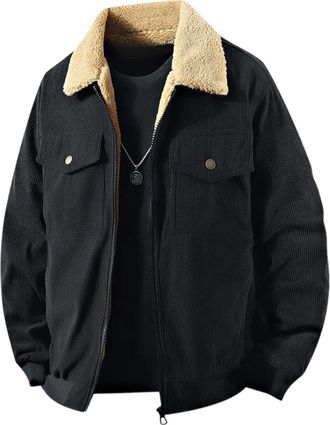 Generic Mens Corduroy Jacket - Sherpa Lined Trucker Coat, Teddy Fleece Thermal Stand Collar Jacket, Vintage, Long Sleeve Zip Up Pockets, Outwear Windproof, Th