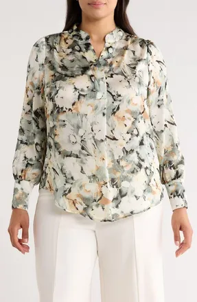 Anne Klein Pleated Split Neck Top in Soft Aloe Multi at Nordstrom, Size 0 X