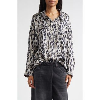 R13 Leopard Print Drop Neck Silk Button-Up Shirt in Black Silver Leopard at Nordstrom, Size X-Small