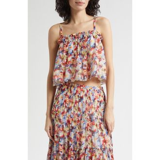 Cinq &agrave; Sept Wildflower Ruffle Trim Crop Babydoll Tank Top in Gardenia Multi at Nordstrom, Size Xx-Small