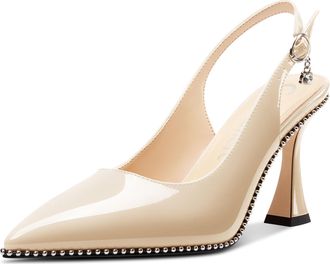 Castamere Womens Slingback Kitten Heel Close Pointed Toe Pumps Court Shoe Chunky Wedding Party Dress Shoes 9 CM Heels Nude 3.5 UK