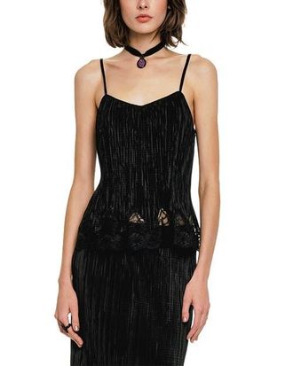 Anna Sui Plisse Lace Trimmed Camisole in Black at Nordstrom, Size Medium