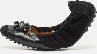 Tod's Tods Black Suede Scrunch Crystal Embellished Bow Ballet Flats