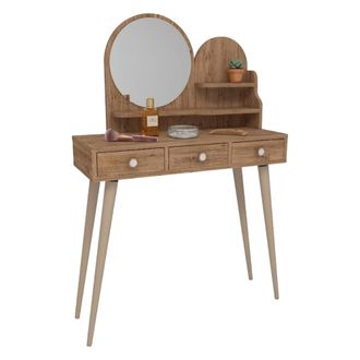 Dmora Toilette Larino, Mueble De Tocador Con Espejo, 3 Cajones, Estante Marr&oacute;n, 74x35x131h Cm Roble Marr&oacute;n