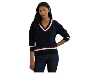 Lauren Ralph Lauren Cable-Knit Cotton Cricket Sweater Womens Sweater Lauren Navy/Cream/Dark Garnet : XL